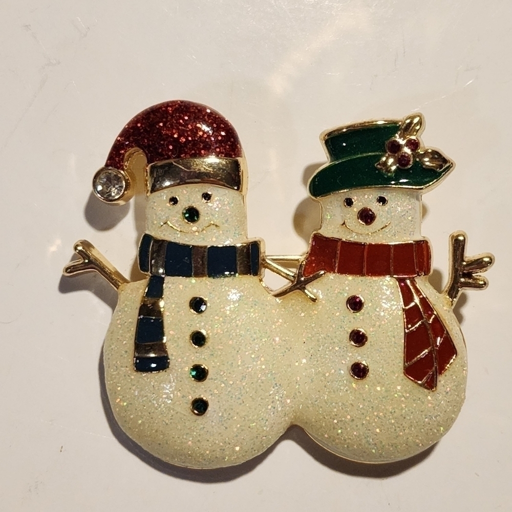 Monet Snowman and Woman Couple enamel pin brooch